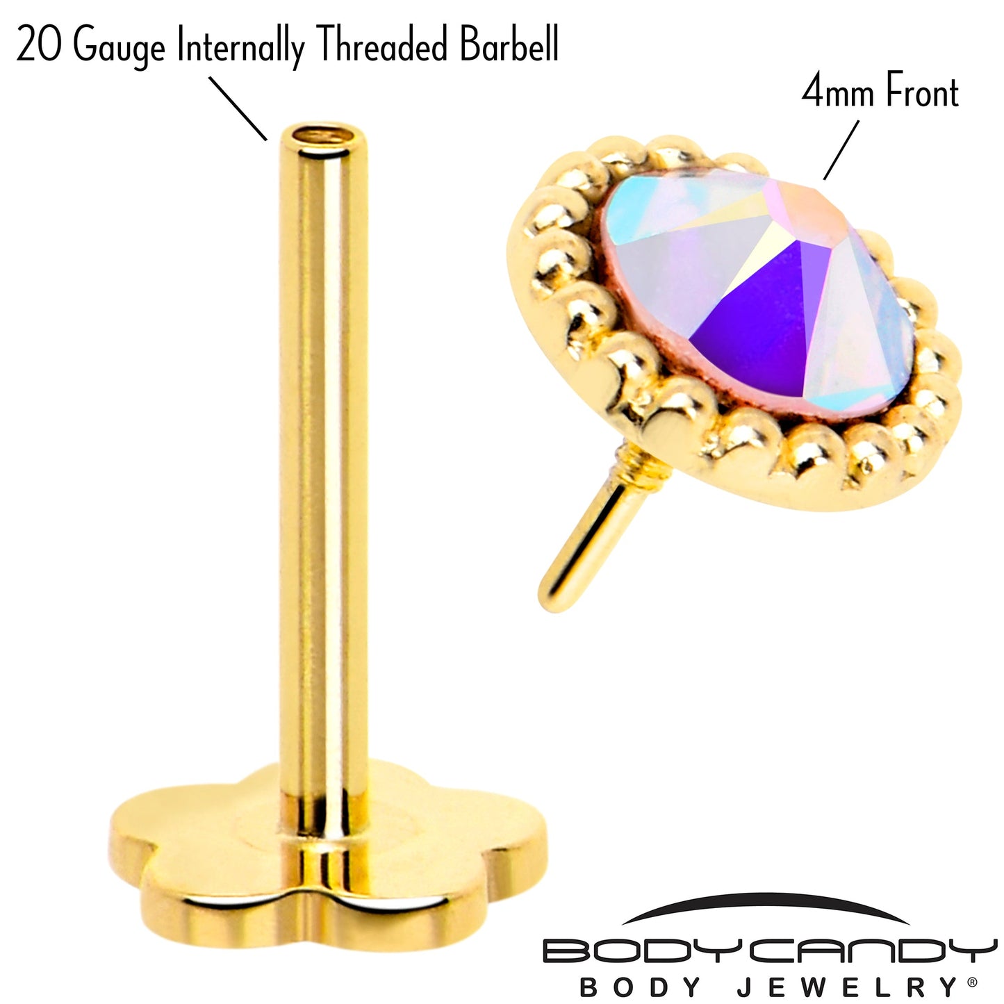 14k Yellow Gold Flat Back Earring 20G 3mm Aurora CZ Floral Reversible