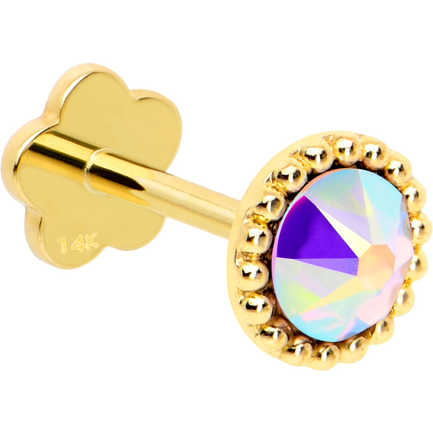 14k Yellow Gold Flat Back Earring 20G 3mm Aurora CZ Floral Reversible