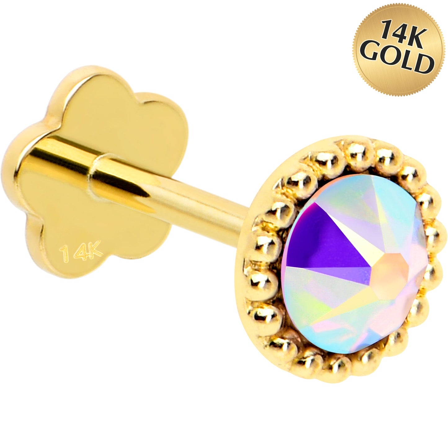 14k Yellow Gold Flat Back Earring 20G 3mm Aurora CZ Floral Reversible