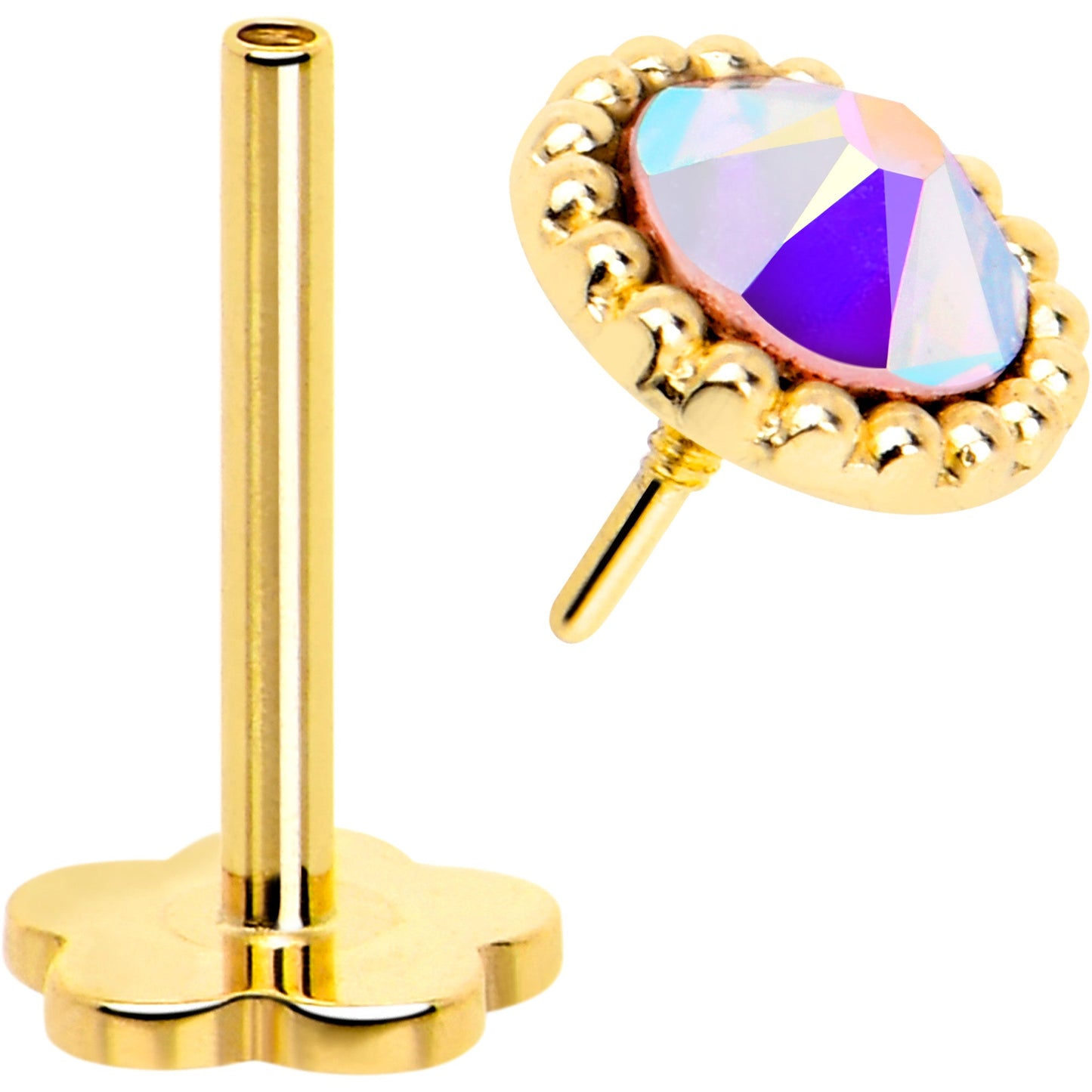 14k Yellow Gold Flat Back Earring 20G 3mm Aurora CZ Floral Reversible