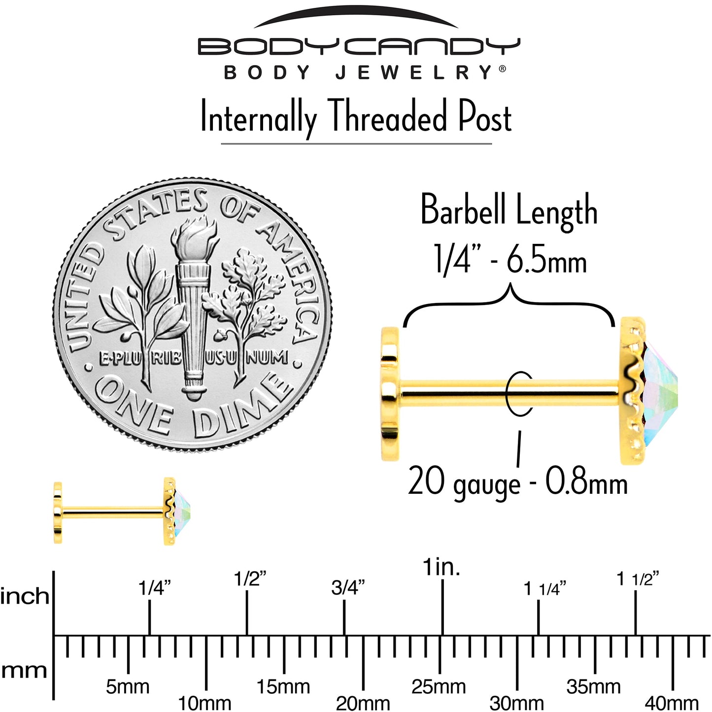 14k Yellow Gold Flat Back Earring 20G 3mm Aurora CZ Floral Reversible