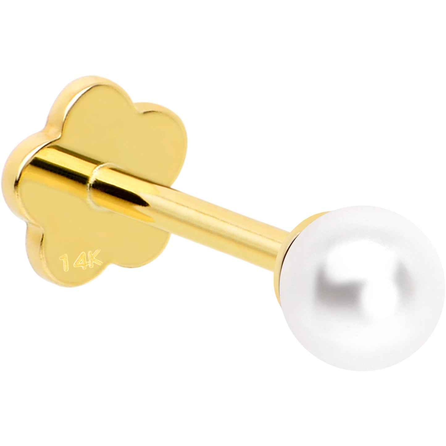 14k Yellow Gold Flat Back Earring 20G 3mm Faux Pearl Floral Reversible