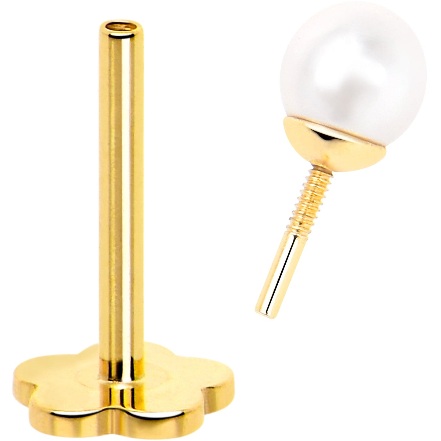 14k Yellow Gold Flat Back Earring 20G 3mm Faux Pearl Floral Reversible