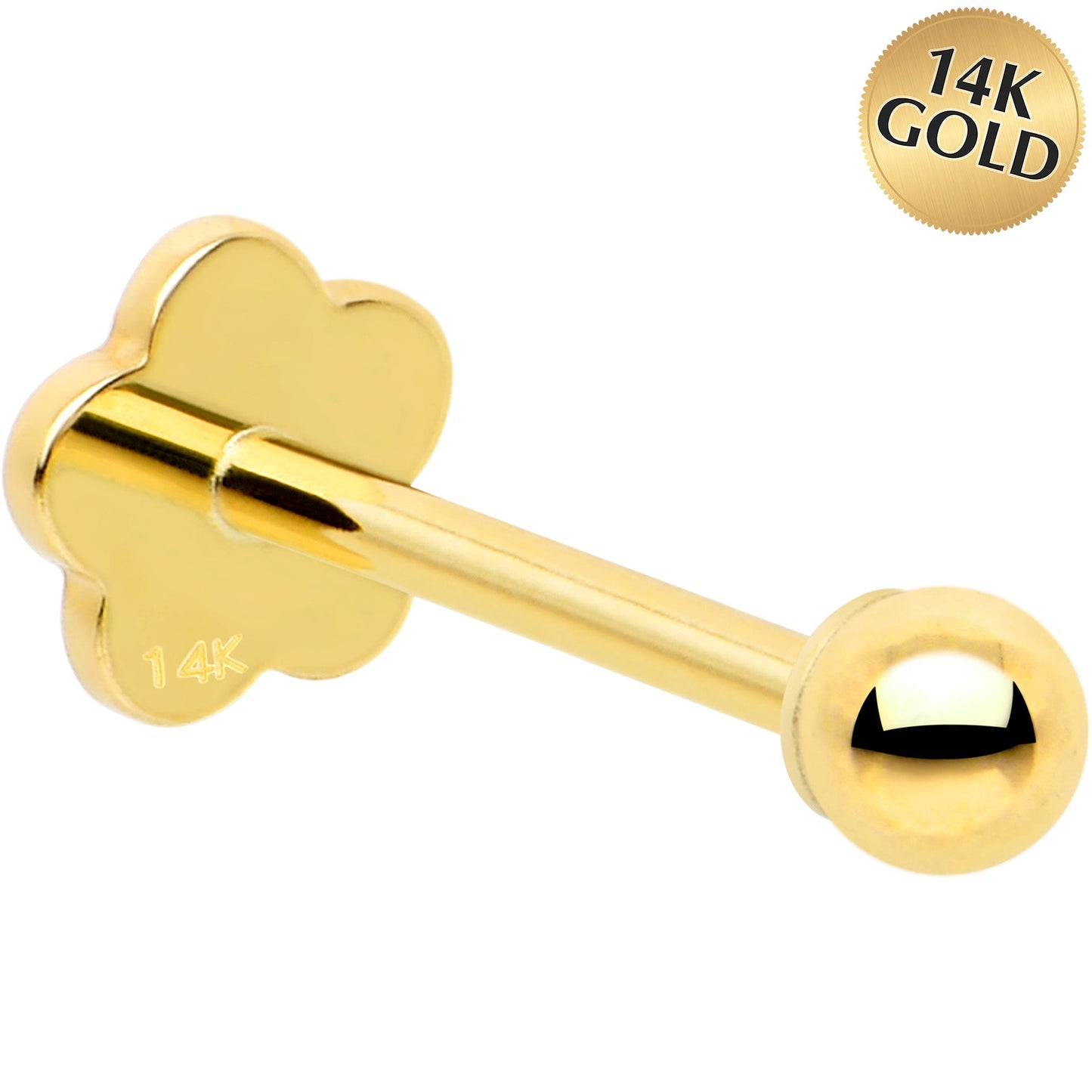 14k Yellow Gold Flat Back Earring 20G 2mm Ball Floral Reversible