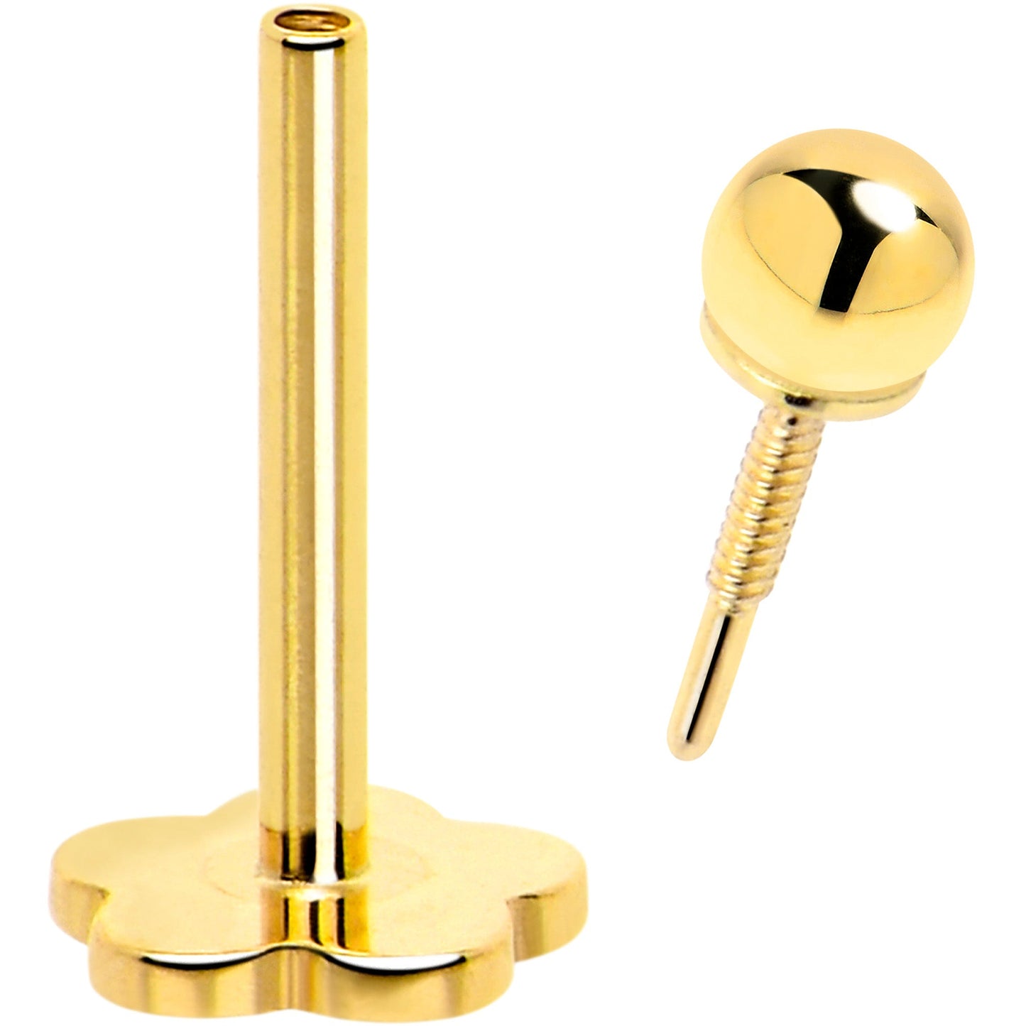 14k Yellow Gold Flat Back Earring 20G 2mm Ball Floral Reversible