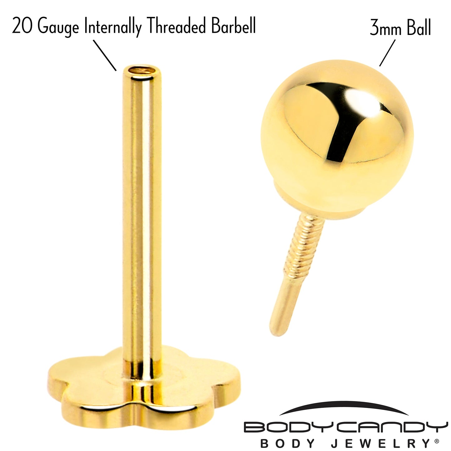 14k Yellow Gold Flat Back Earring 20G 3mm Ball Floral Reversible