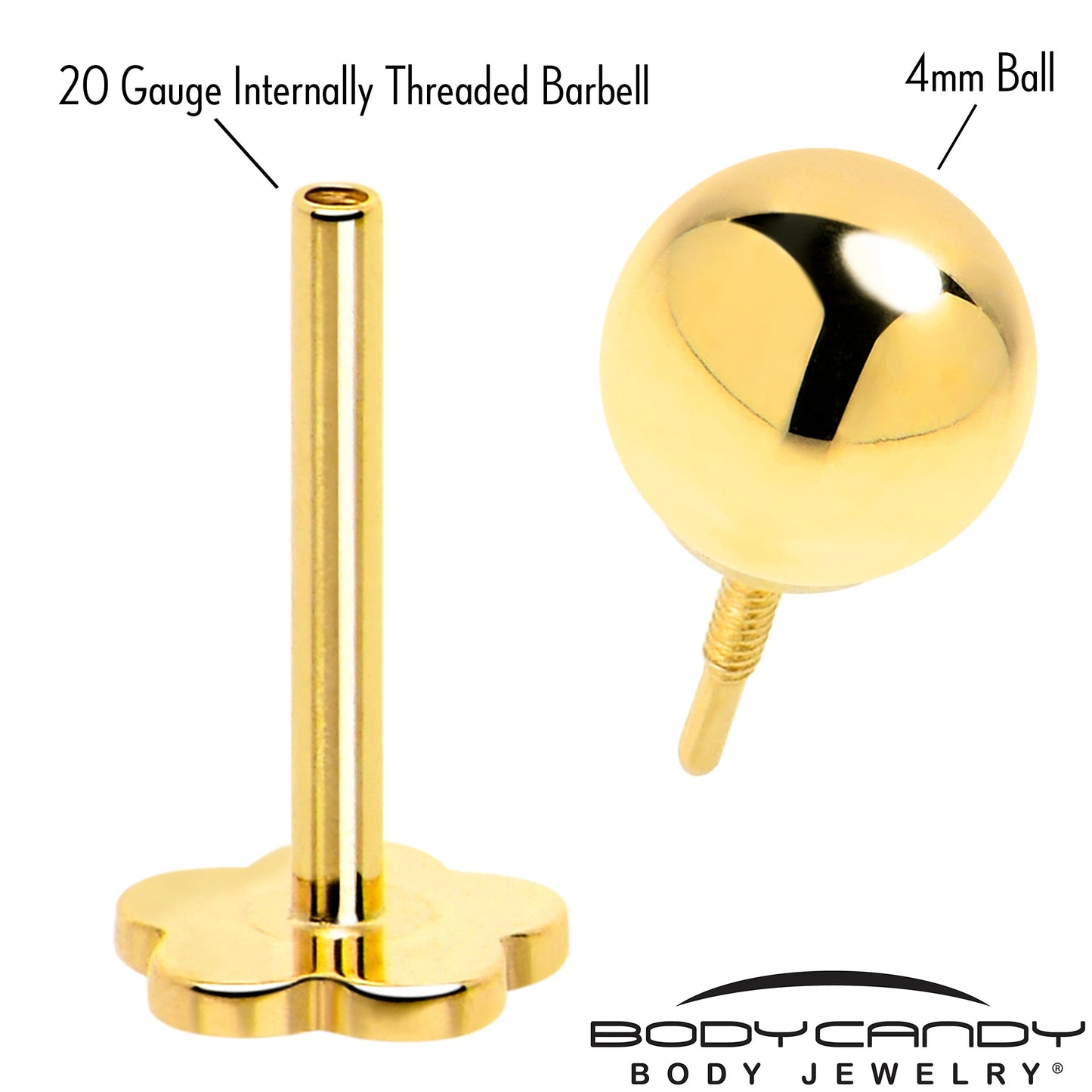 14k Yellow Gold Flat Back Earring 20G 4mm Ball Floral Reversible