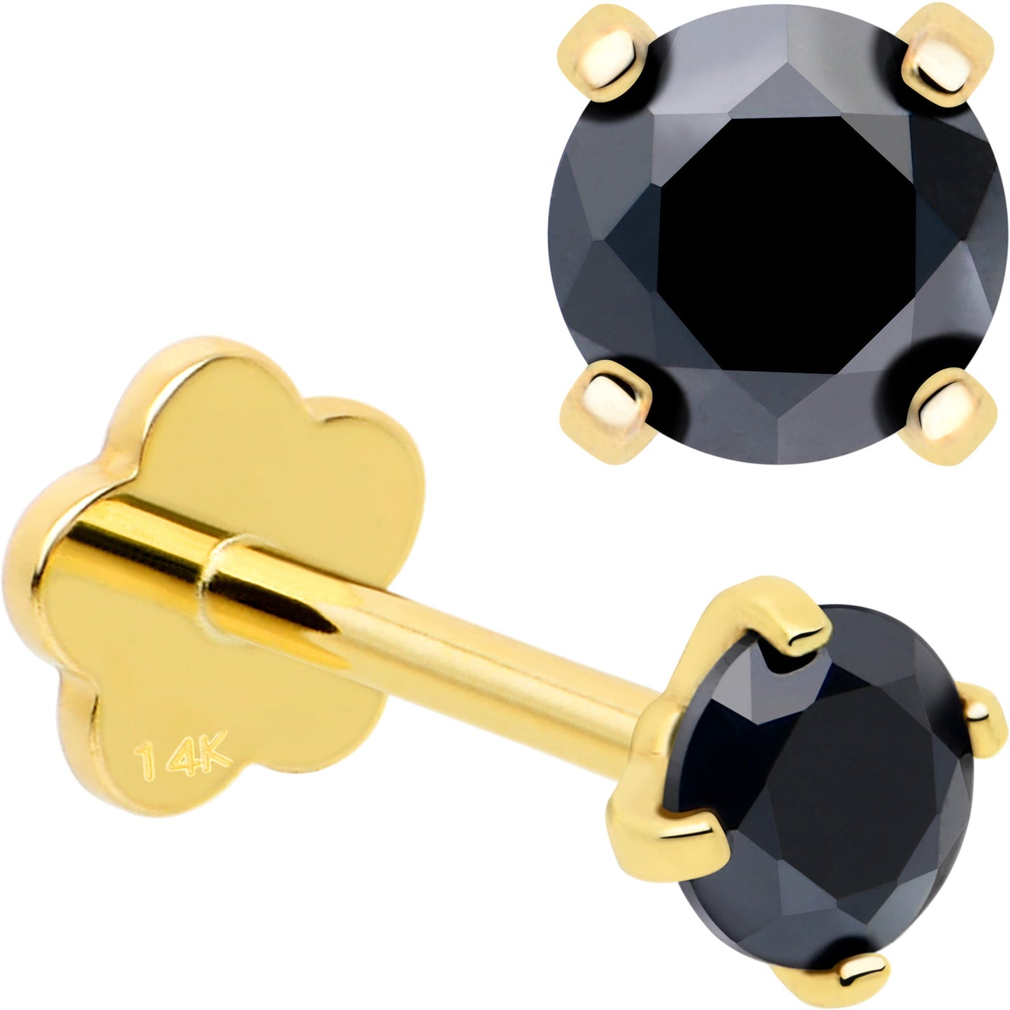 14k Yellow Gold Flat Back Earring 20G 3mm Blue CZ Floral Reversible