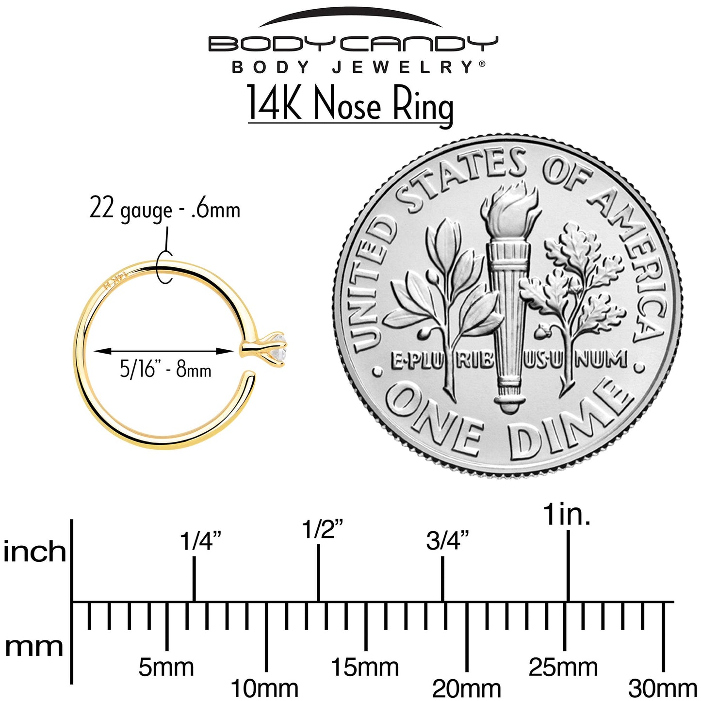 14k Solid Yellow Gold Bendable Nose Hoop 22G 5/16 with CZ