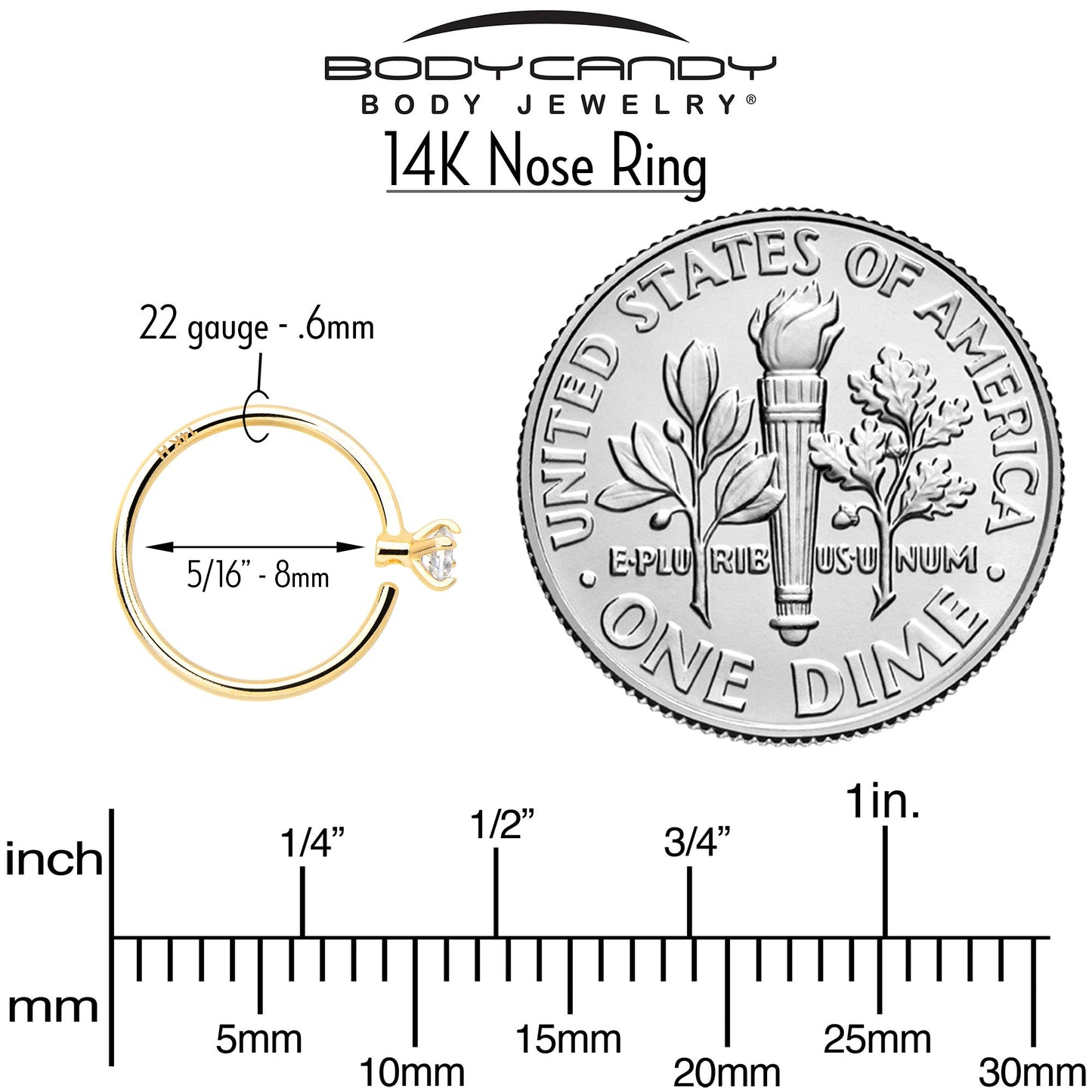 14k Solid Yellow Gold Bendable Nose Hoop 22G 5/16 with 2mm  CZ