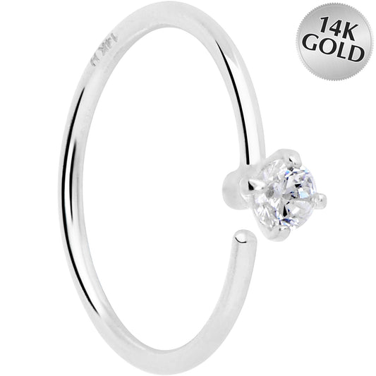 14k Solid White Gold Bendable Nose Hoop 22G 5/16 with 2mm CZ