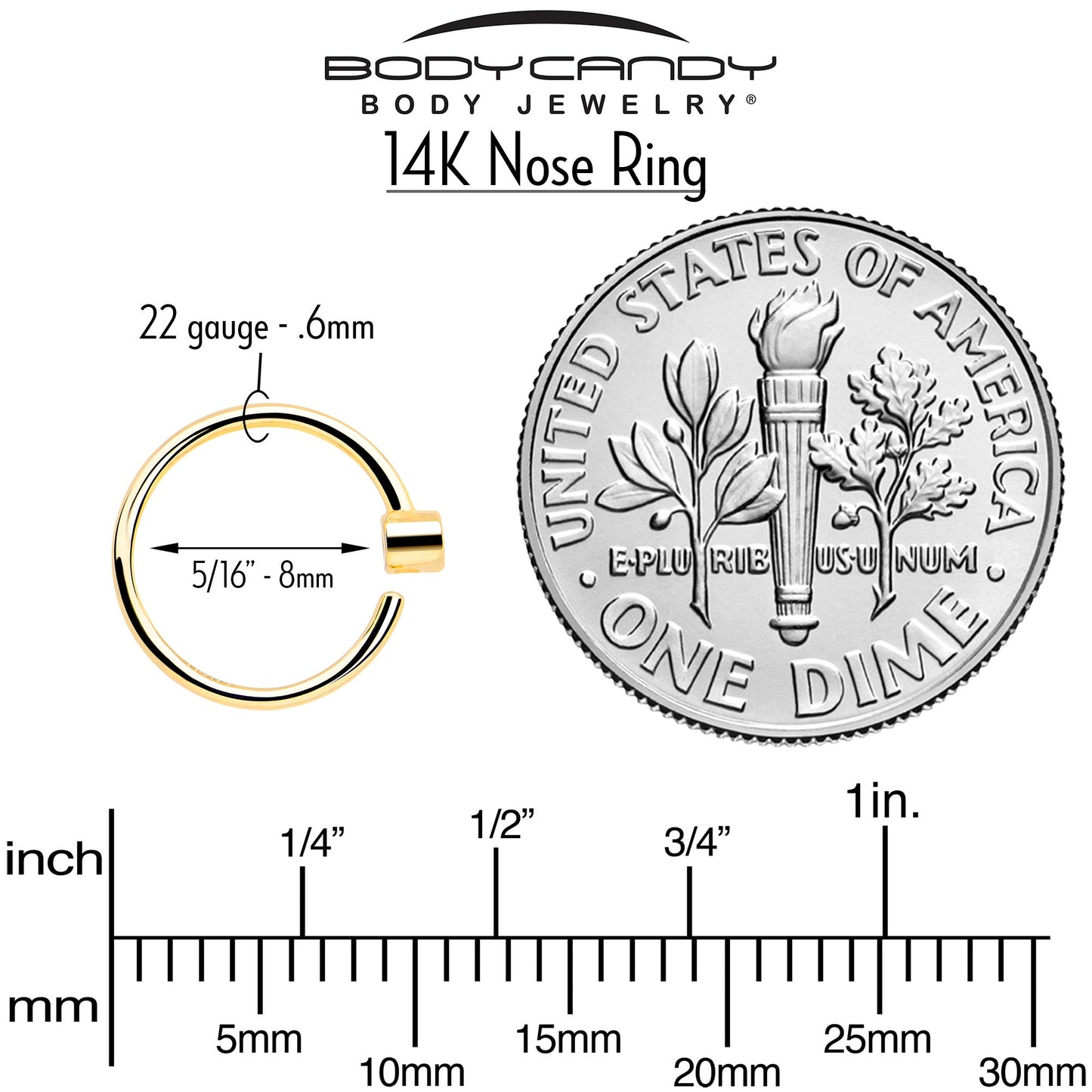 14k Solid Yellow Gold Bendable Nose Hoop 22G 5/16 with Bezel CZ