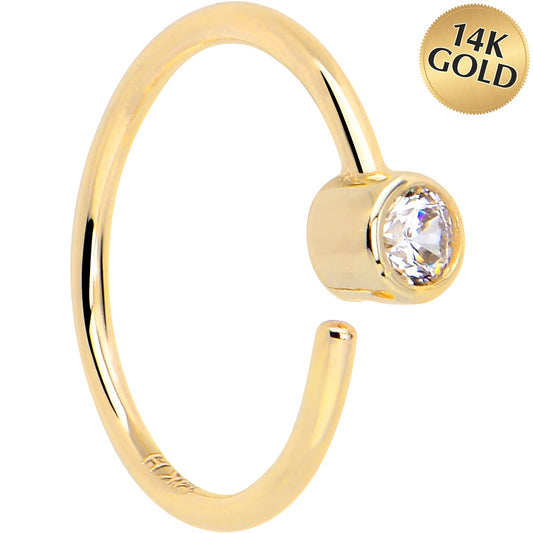 14k Solid Yellow Gold Bendable Nose Hoop 22G 5/16 with 2mm Bezel CZ
