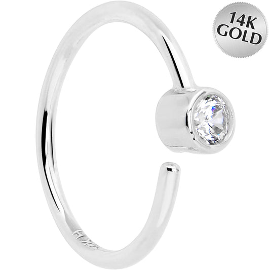 14k Solid White Gold Bendable Nose Hoop 220G 5/16 with 2mm Bezel CZ