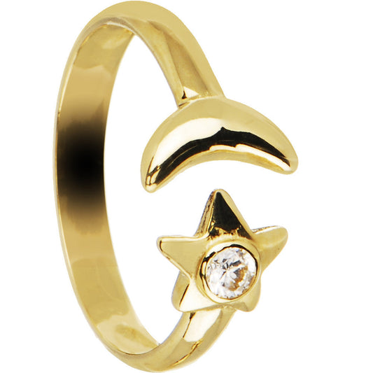 Solid 14k Yellow Gold Star and Moon Cubic Zirconia Toe Ring