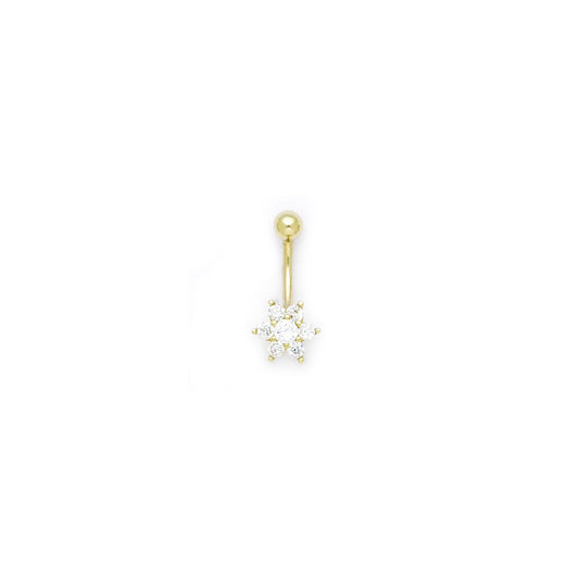 16G Solid 14k Yellow Gold Cubic Zirconia Flower Belly Ring