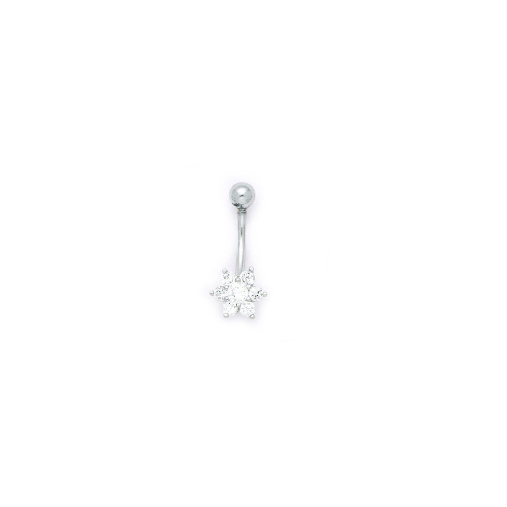 16G Solid 14k White Gold Cubic Zirconia Flower Belly Ring