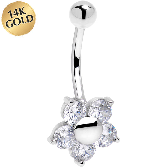 16G Solid 14k White Gold Cubic Zirconia Five Petal Flower Belly Ring