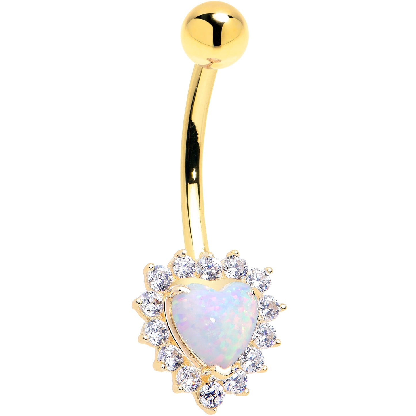 16G Solid 14k Yellow Gold Zirconia Opal Heart Belly Ring