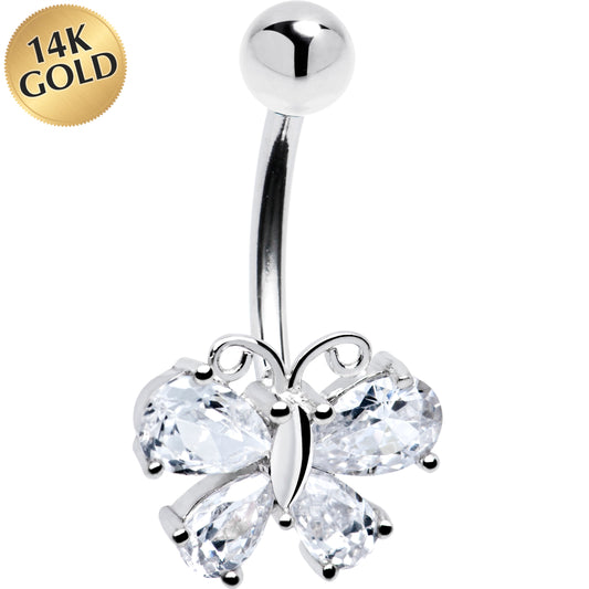 16G Solid 14k White Gold Cubic Zirconia Butterfly Belly Ring