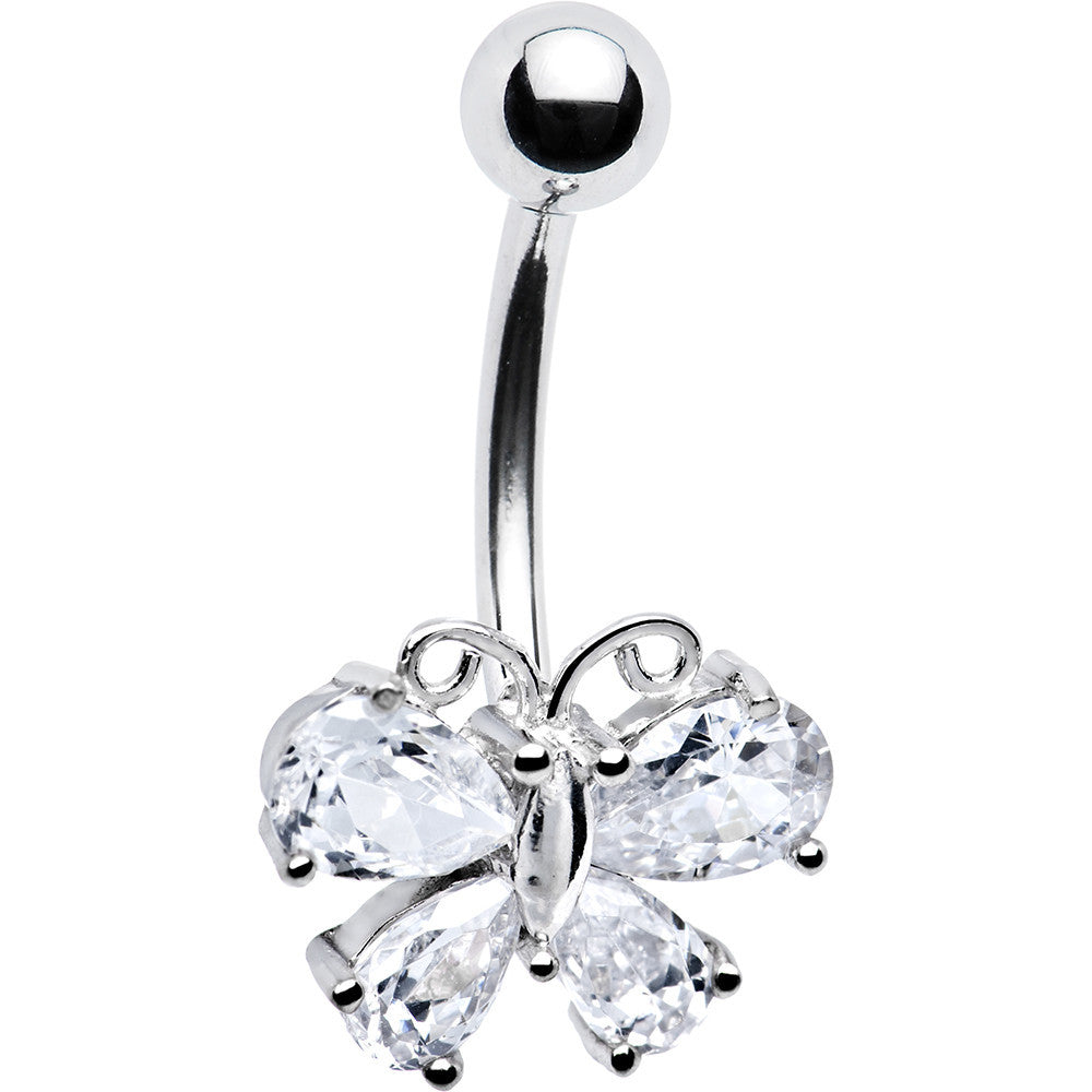 16G Solid 14k White Gold Cubic Zirconia Butterfly Belly Ring