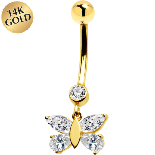 16G Solid 14k Yellow Gold Dangle CZ Butterfly Belly Ring