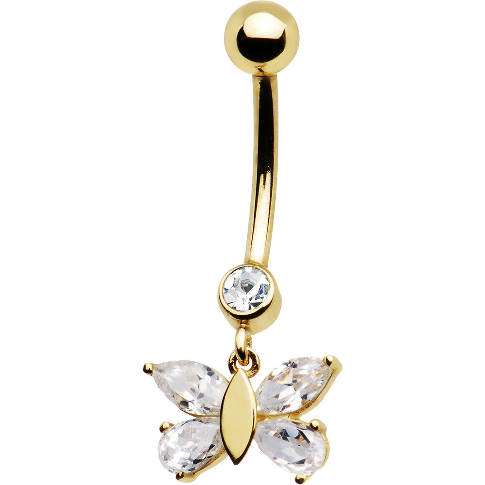 16G Solid 14k Yellow Gold Dangle CZ Butterfly Belly Ring