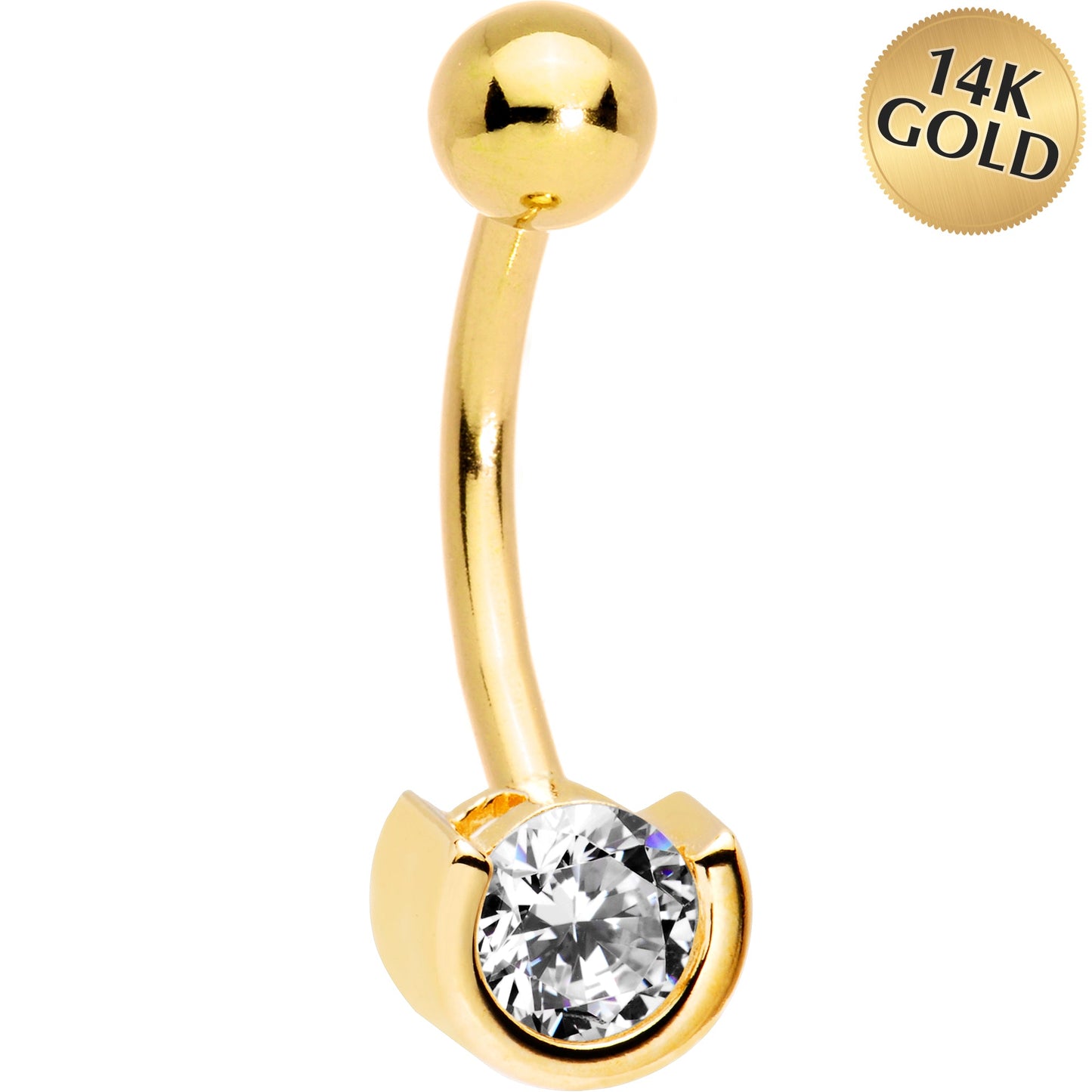 16G Solid 14k Yellow Gold Zirconia Solitaire Belly Ring