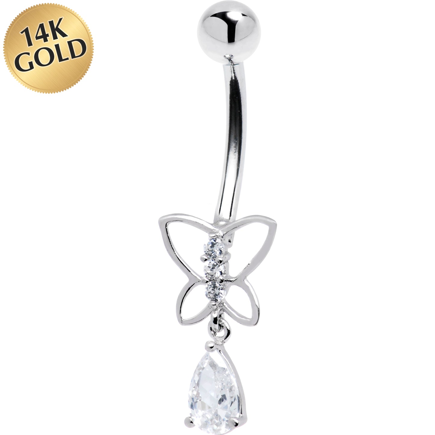 16G Solid 14k White Gold Butterfly Teardrop Belly Ring