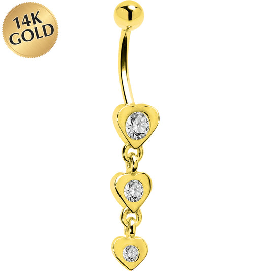 16G Solid 14k Yellow Gold Zirconia Heart Drop Belly Ring