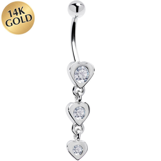 16G Solid 14k White Gold Zirconia Heart Drop Belly Ring