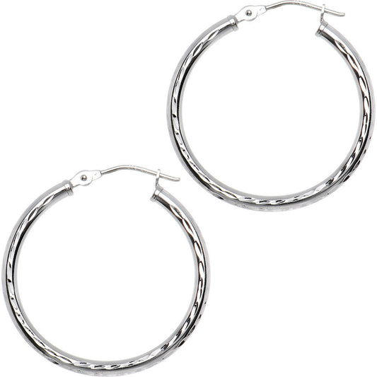 Solid 14K White Gold 1 Inch Twist Pattern Hoop Earrings