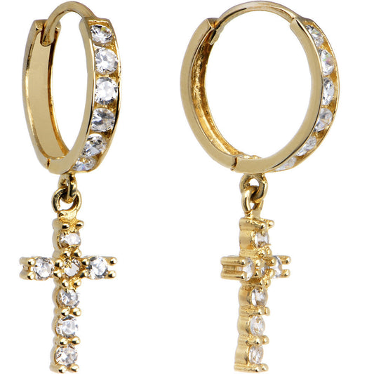 14k Yellow Gold CZ Cross Huggy Earrings 8mm