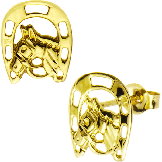 14k Yellow Gold Horseshoe Horse Stud Earrings