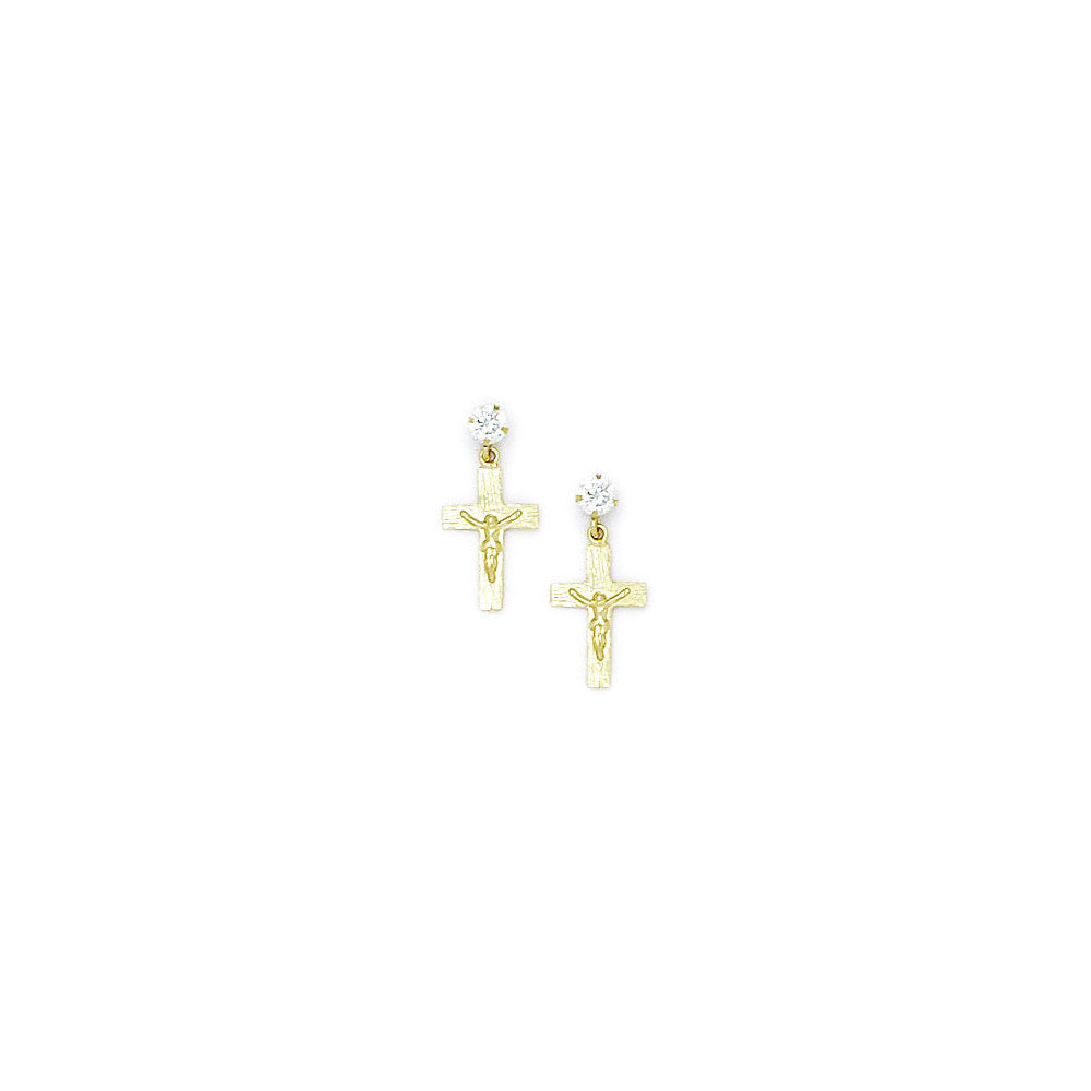 14k Yellow Gold CZ Dangle Religious Cross Stud Earrings