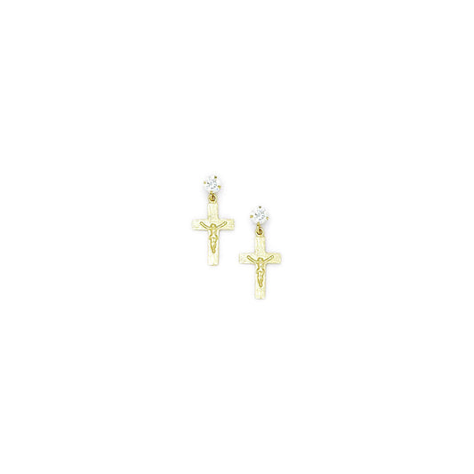 14k Yellow Gold CZ Dangle Religious Cross Stud Earrings