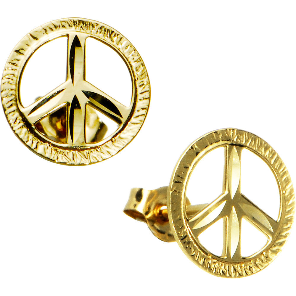 14k Yellow Gold Peace Sign Stud Earrings