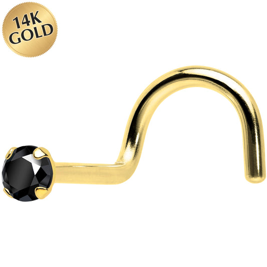 Solid 14K Yellow Gold 2mm Black Cubic Zirconia Nose Screw Ring