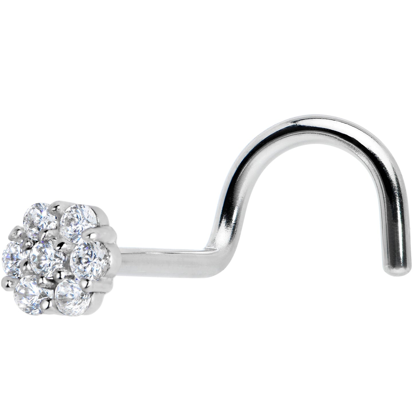 Solid 14K White Gold Clear CZ Flower Nose Screw Ring