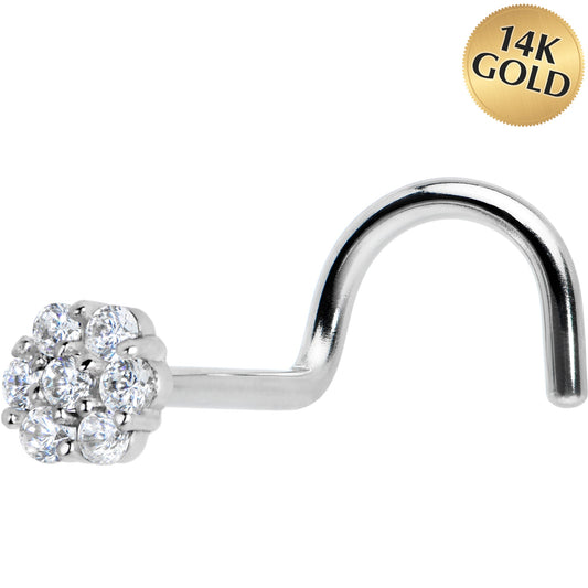 Solid 14K White Gold Clear CZ Flower Nose Screw Ring