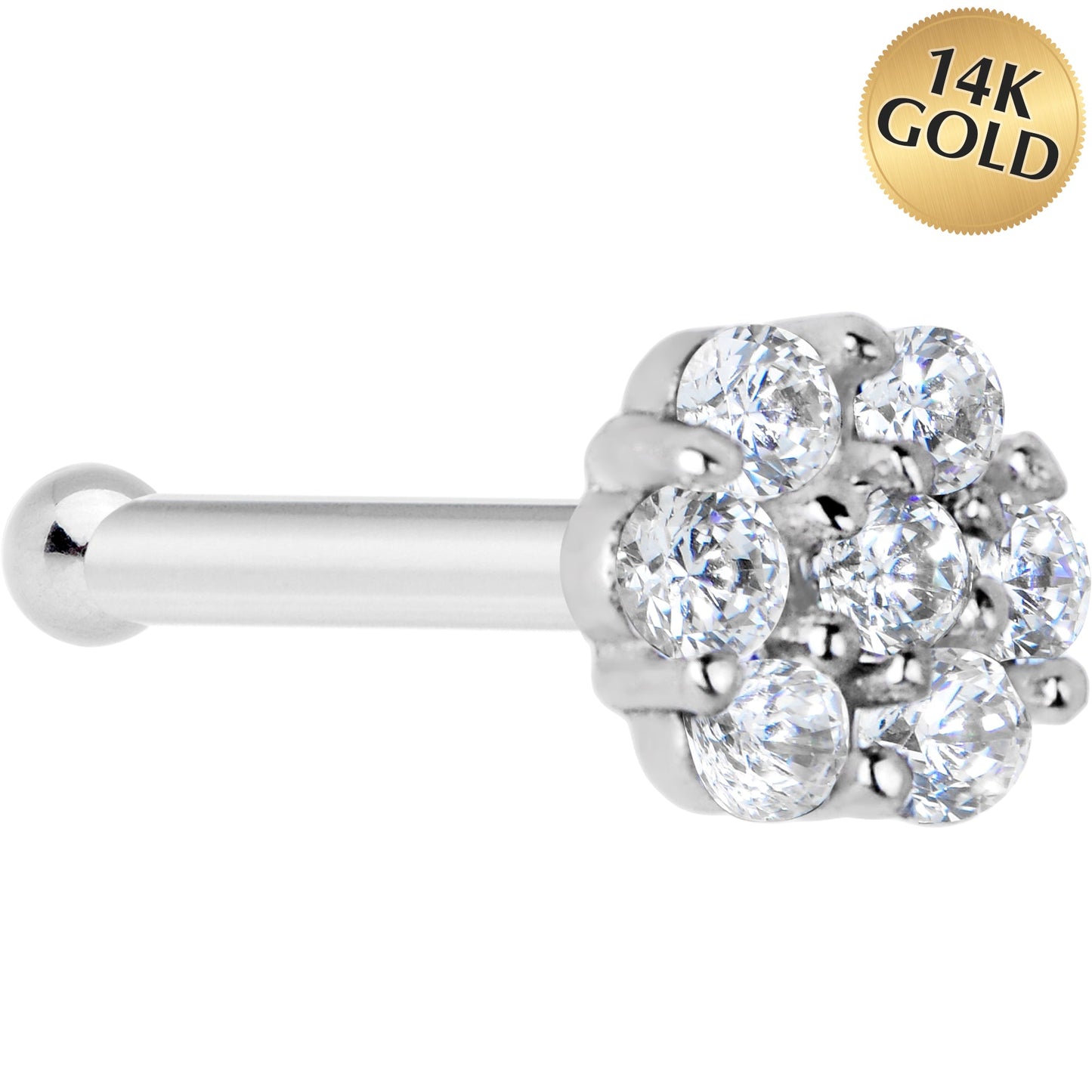Solid 14K White Gold Clear CZ Flower Nose Bone
