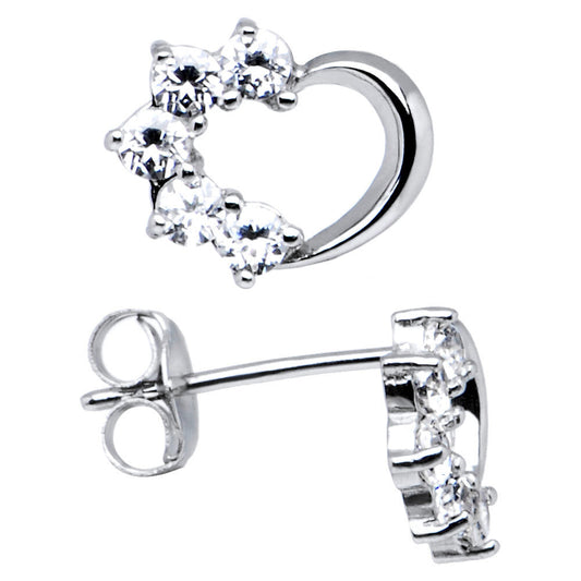 14k White Gold CZ Hollow Heart Stud Earrings