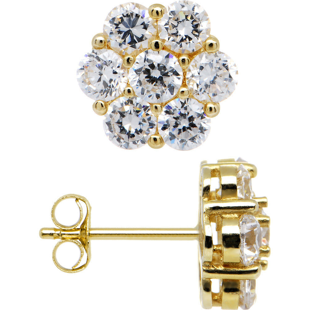 14k Yellow Gold 9mm CZ Flower Stud Earrings