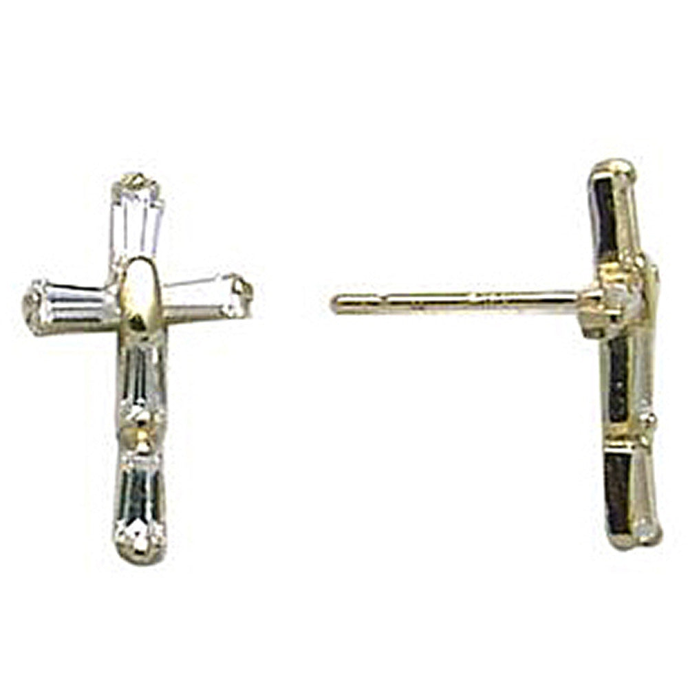 14k Yellow Gold CZ Baguette Cross Stud Earrings