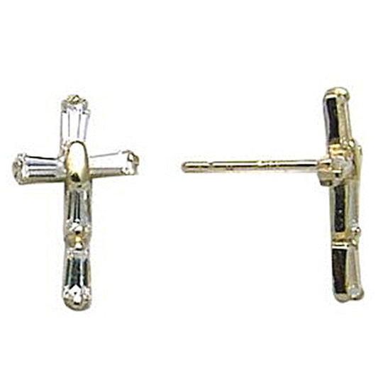 14k Yellow Gold CZ Baguette Cross Stud Earrings
