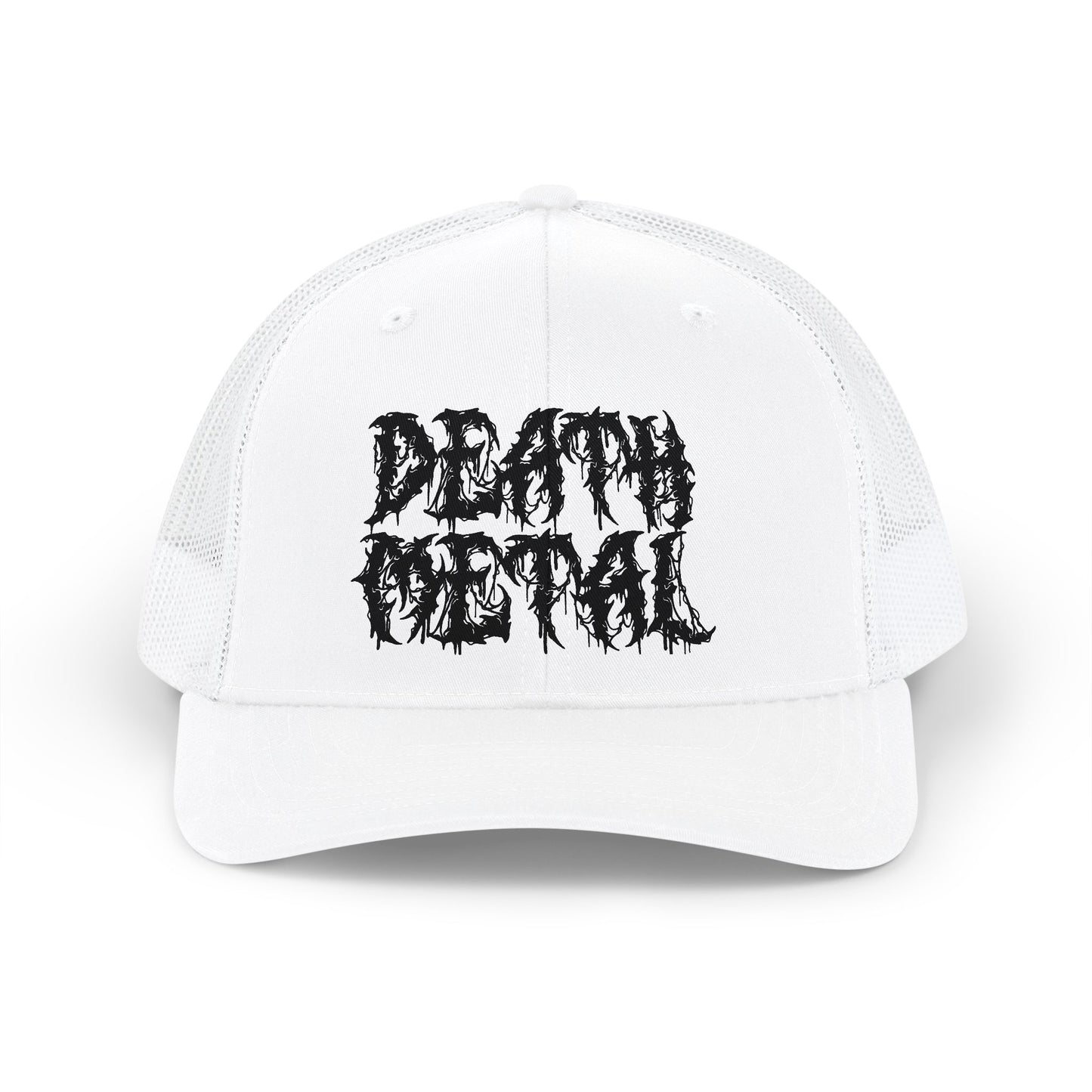 A white trucker-style baseball cap with black distressed text reading 'DEATH METAL' on the front, shown against a plain white background.