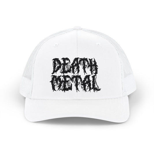 A white trucker-style baseball cap with black distressed text reading 'DEATH METAL' on the front, shown against a plain white background.