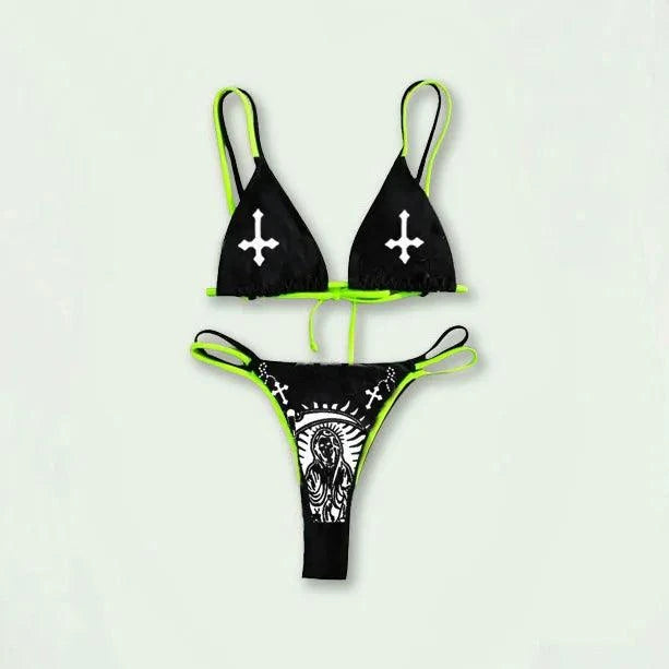 Skull Bikini Black And White Desirable Goth Emo Women Two-Piece High Waist Gothic Swimsuit Beach - Lizard Vigilante