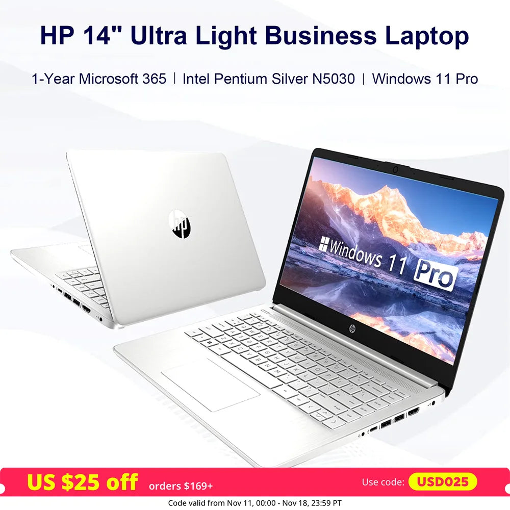 HP 14" Business Laptop | Intel Pentium Silver N5030, Up to 32GB RAM, 2TB SSD, Windows 11 Pro, Ultralight Design, 1-Year Microsoft 365 | Silver - Premium laptop from Lizard Vigilante - Just $381.99! Shop now at Lizard Vigilante