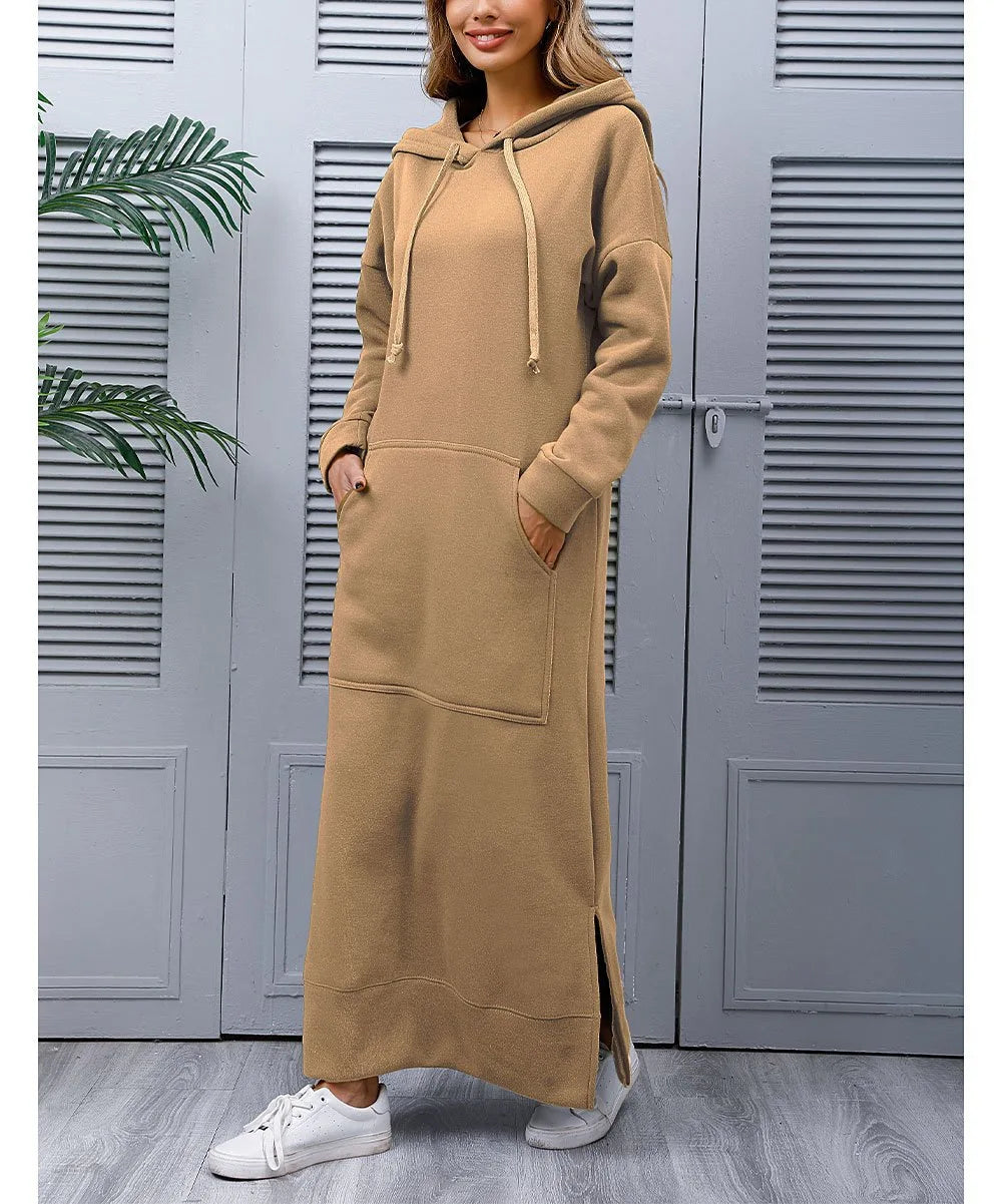 Women’s Hoodie Dress Winter Warm Lace-Up Hem Long Sweatshirt Casual Loose Midi Robe